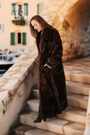 Reversible mahogany mink coat in dark brown, full-length plush fur finish