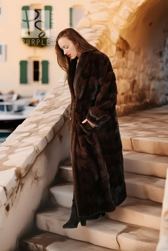 Reversible mahogany mink coat in dark brown, full-length plush fur finish