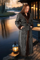 Reversible mink coat with dark charcoal exterior, long length, belted waist and open collar