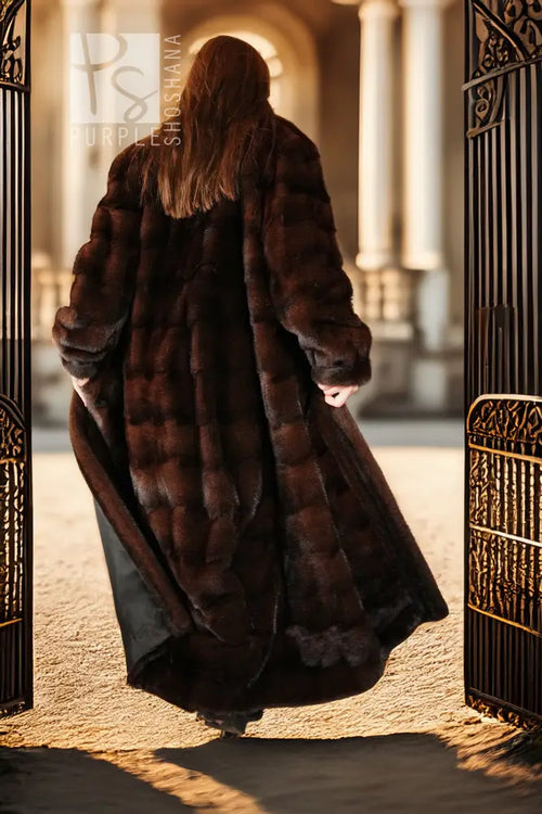 Back view of dark brown long mink coat with plush fur panels and long hem.