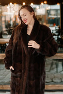 Reversible mink coat with dark brown fur, open collar and plush textured front
