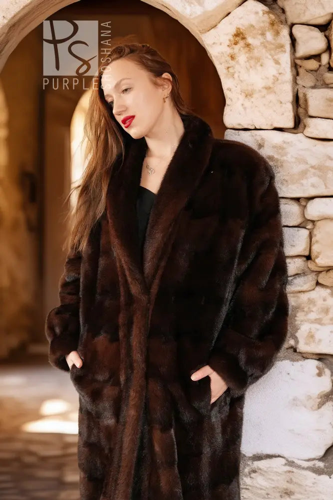 Reversible mahogany mink coat in dark brown, front view with shawl collar and button closure
