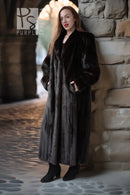 Long black mink fur coat with wide sleeves and a relaxed straight hem