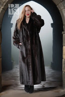 Long black mink fur coat with a draped front and full sleeves