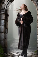 Dark mink fur coat with wide sleeves, long length and open front, full fur collar