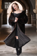 Black mink fur coat with an off-shoulder neckline and a wide open front