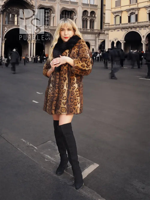 Leopard-print fur coat with black fox-fur collar, front view, button front and flared hem