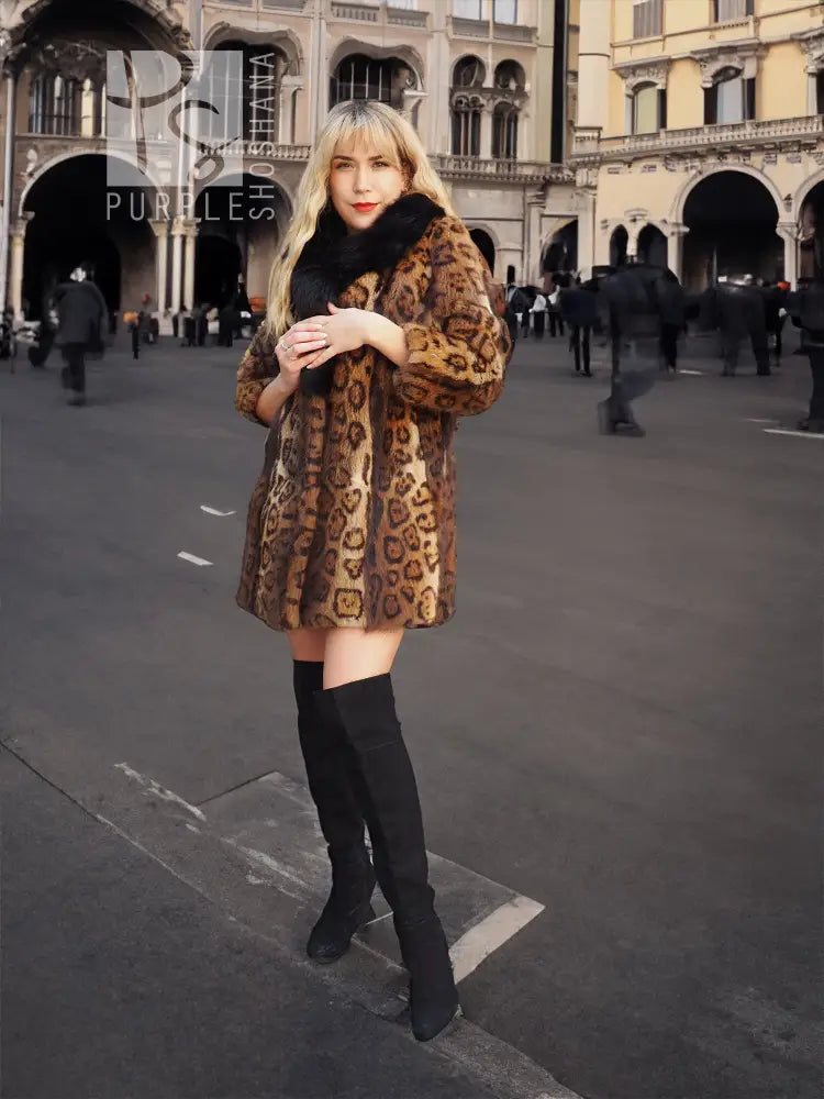 Leopard-print fur coat with black fox-fur collar, front view, button front and flared hem