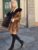 Leopard-print fur coat with black fox fur collar, hoodless style, side view