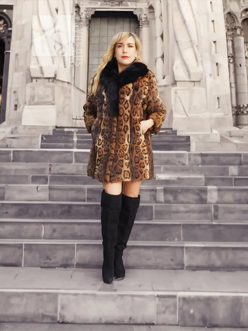 Leopard-pattern fur coat featuring a thick black fox-fur collar and short skirt length