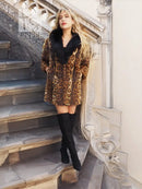 Leopard-pattern fur coat with dark fox-fur collar, styled with black knee-high boots