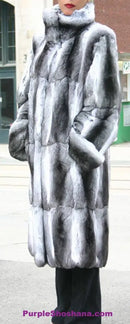 Chinchilla fur coat with raised collar and fitted sleeves, front view