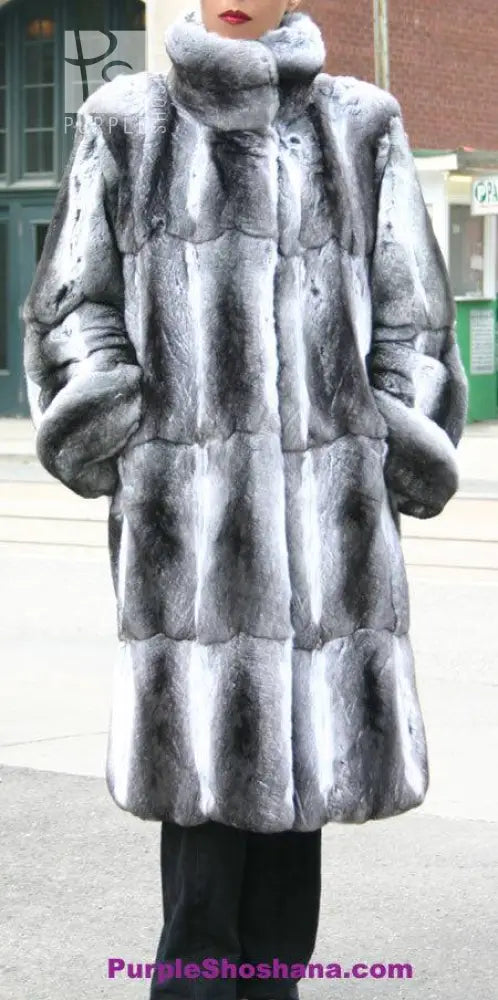 Chinchilla fur coat with tall plush hood and long sleeves, front buttonless open