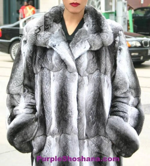 Chinchilla fur coat with wide fur collar, open front, long sleeves