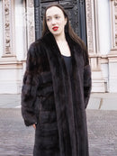 Dark brown mink fur coat with open tuxedo front and wide collar, long sleeves