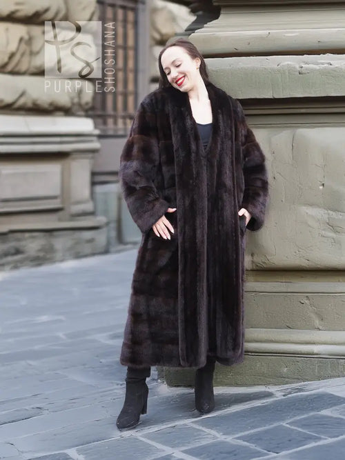 Dark brown mink fur coat with full sleeves and front buttonless tuxedo opening