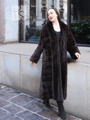 Dark brown mink fur coat with open tuxedo front and long sleeves, straight mid-calf cut