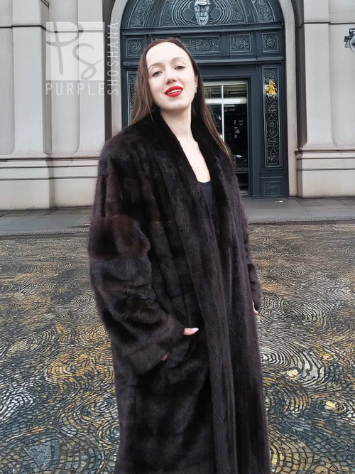 Dark brown mink fur coat with tuxedo-style V front and horizontal stripe design