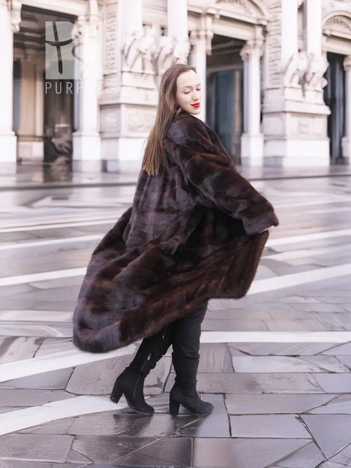 Dark mink fur coat with broad horizontal panels and open front
