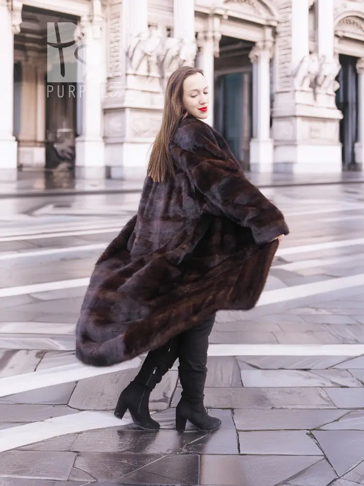 Dark mink fur coat with broad horizontal panels and open front