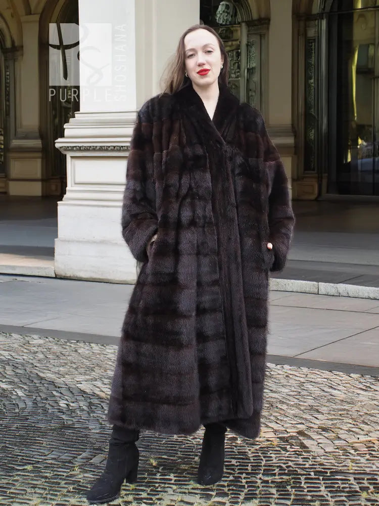 Dark brown mink fur coat with horizontal stripe body and long straight fit