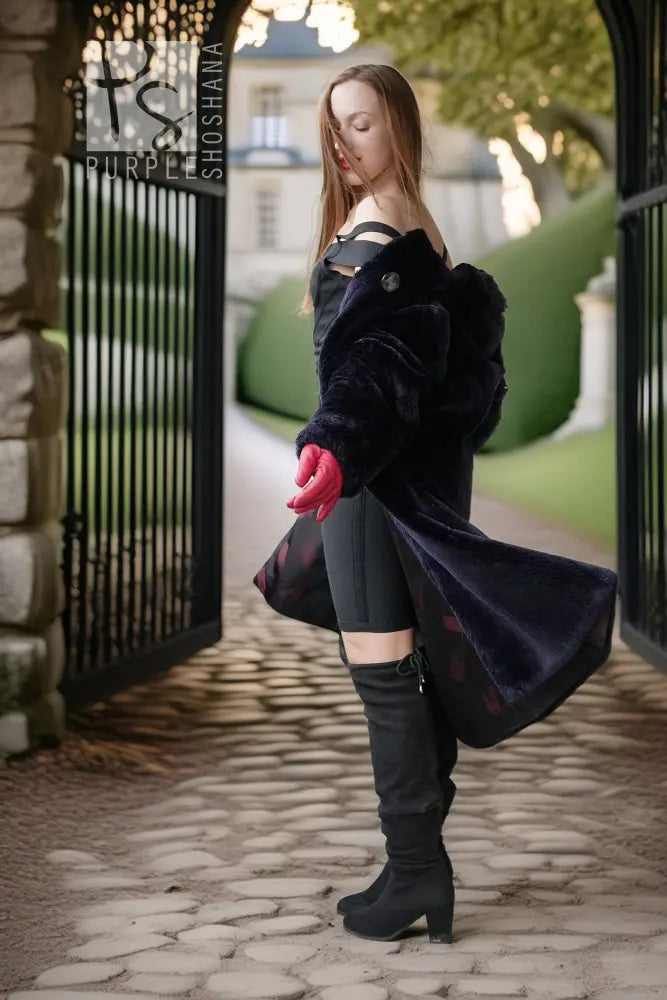 Sheared beaver coat, dark navy, hood with snap button, A-line swing hem