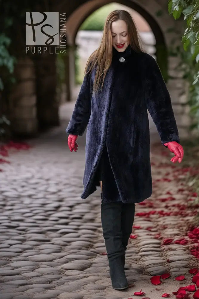 Midnight Iris coat in dark navy sheared beaver, long sleeves, full-length cut.