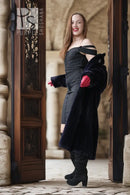 "Midnight Iris" navy beaver coat with off-shoulder drape and red gloves-style cuffs