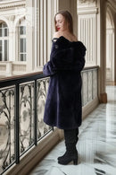 "Midnight Iris" sheared beaver coat, navy, front-left view, open collar detail
