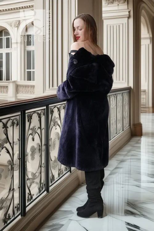 "Midnight Iris" sheared beaver coat, navy, front-left view, open collar detail
