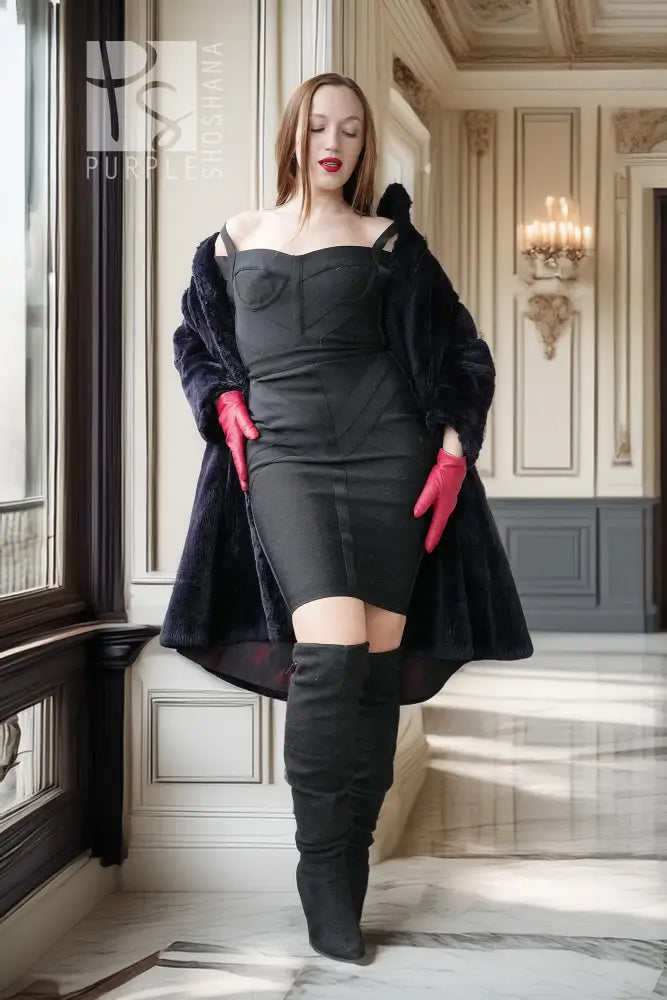 "Midnight Iris" sheared beaver coat, navy, open front with wide collar and flared skirt