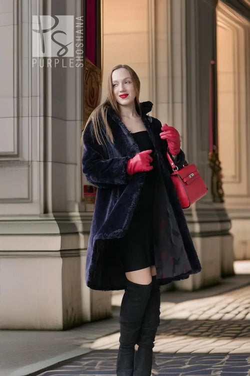 Midnight Iris coat, dark navy sheared beaver, stand collar, front buttons, long sleeves.