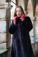 Midnight Iris sheared beaver coat close-up, dark navy, stand collar, button detail.
