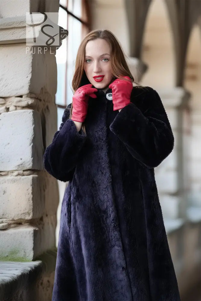 Midnight Iris sheared beaver coat close-up, dark navy, stand collar, button detail.