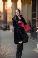 Midnight Iris sheared beaver coat, dark navy, button front, stand collar, long sleeves.