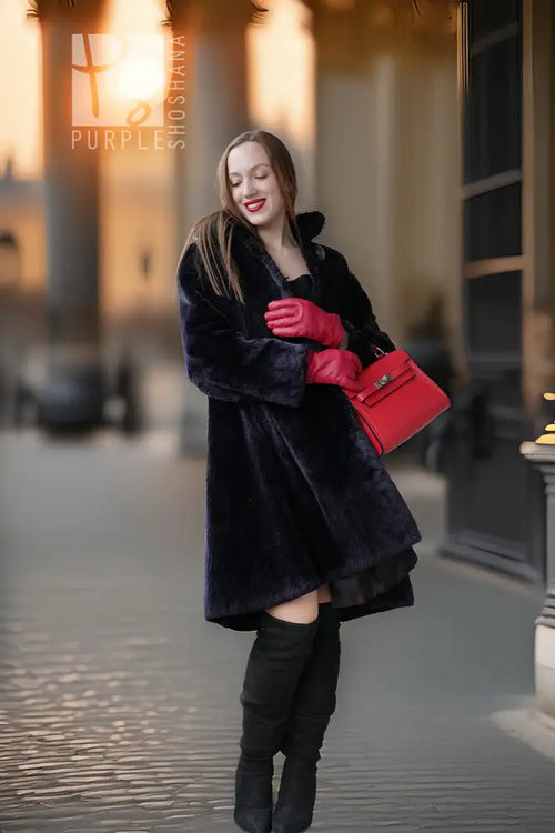 Midnight Iris sheared beaver coat, dark navy, button front, stand collar, long sleeves.