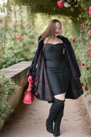 Midnight Iris sheared beaver coat, hooded, dark navy, button front, long sleeves