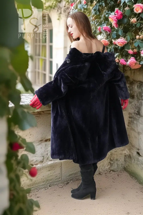 Hooded sheared beaver coat, dark navy, button closure, full-length sleeves