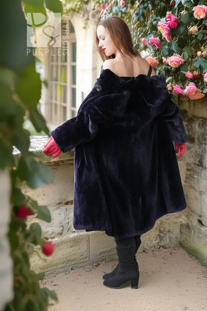 Hooded sheared beaver coat, dark navy, button closure, full-length sleeves