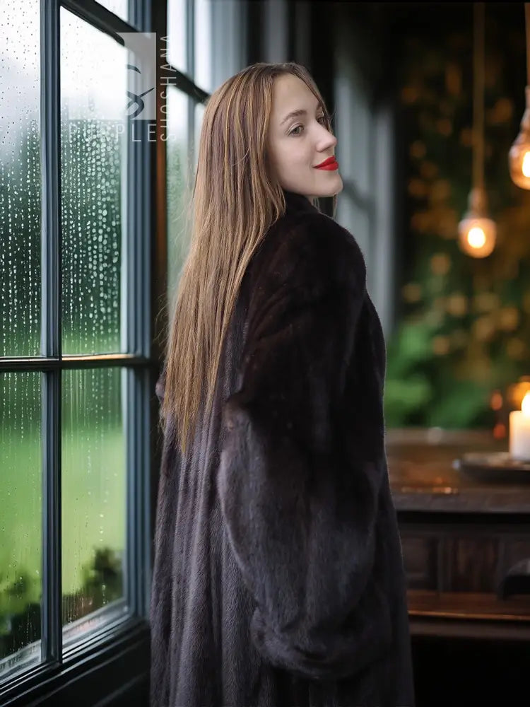 Full-length mink coat in dark fur, buttonless open front, side profile