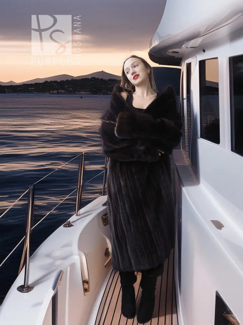Black mink long coat with open neckline and full skirted hem