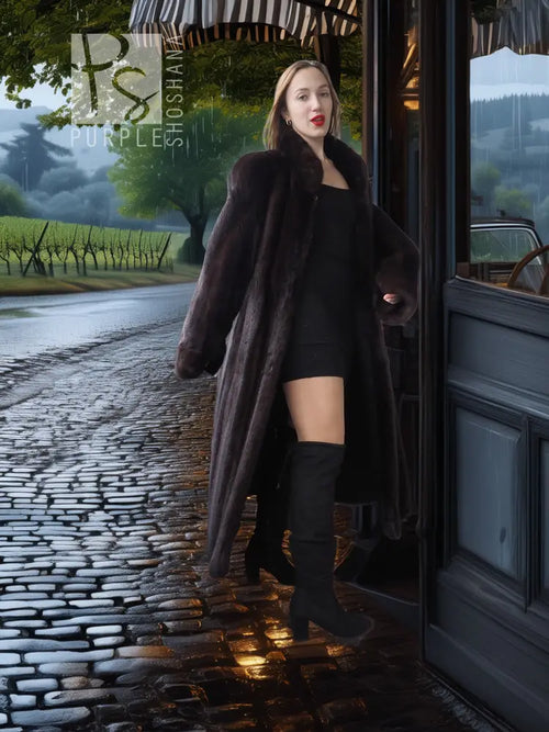 Full-length mink coat, dark fur with draped collar and open front, side view