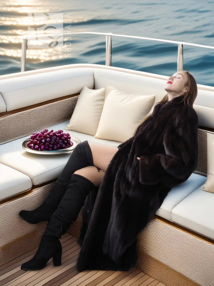 Black mink long coat with plush collar
