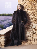 Black mink maxi coat with high collar and long, flowing sleeves