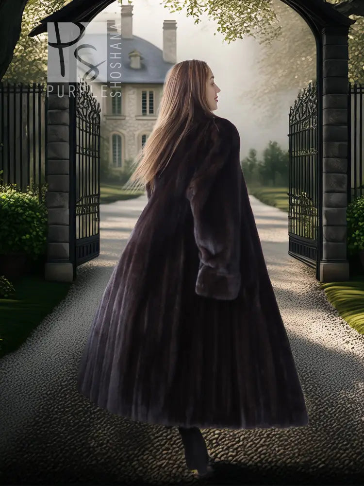 Full-length mink coat in dark fur, flowing back view with wide sleeves