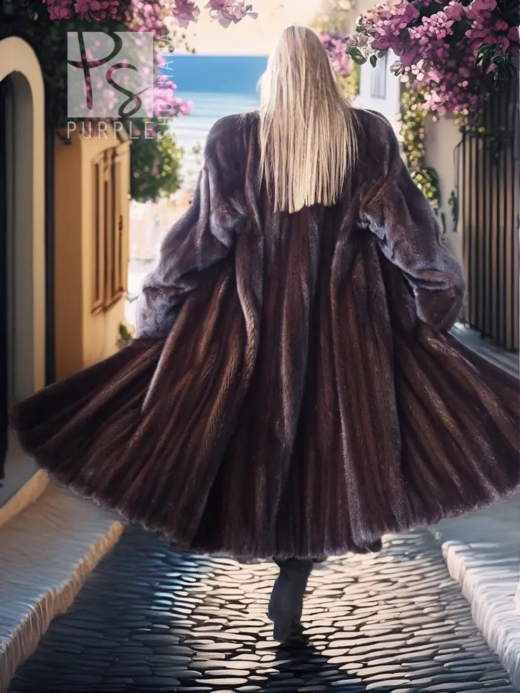 Black mink coat shown from back, full length with flared hem