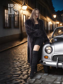 Black mink long coat with open front and plush texture