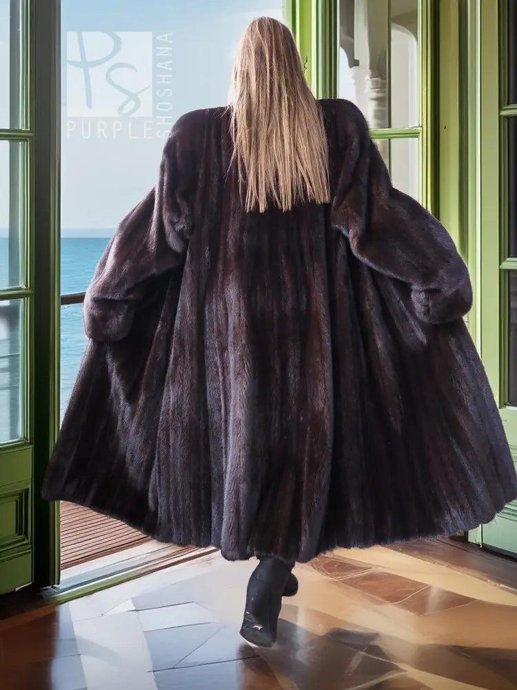 Black mink long coat, back view with flared hem