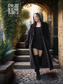 Full-length mink coat, dark fur, open front with long sleeves and curved hem