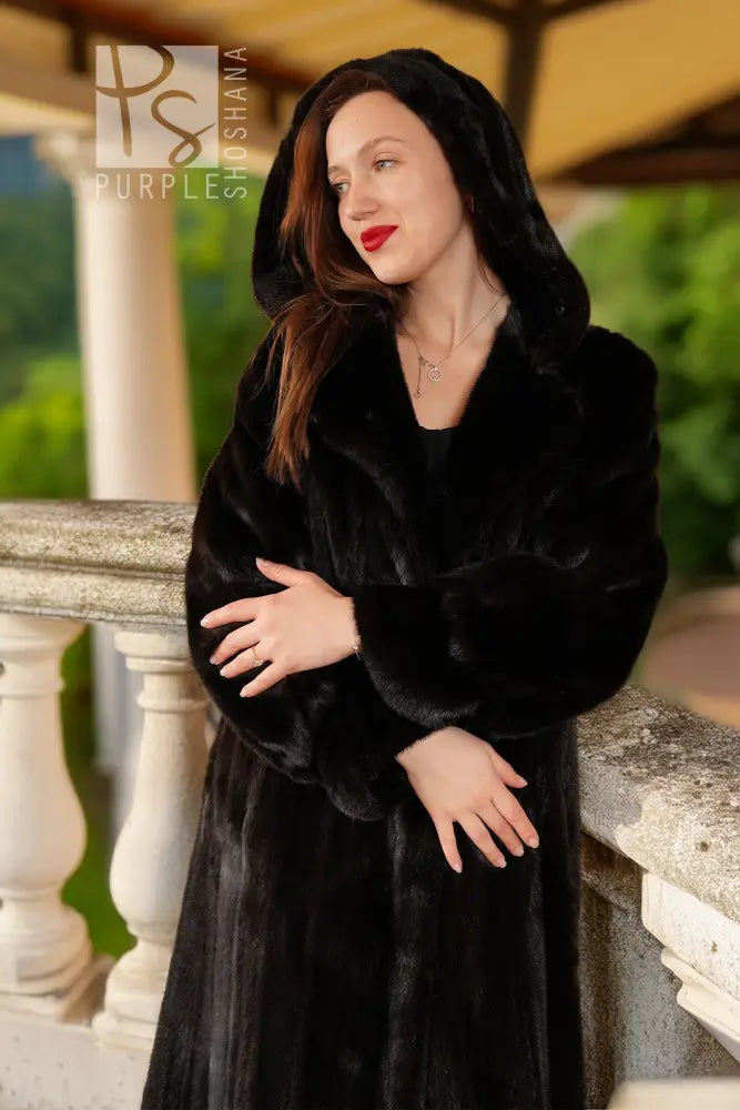 "Midnight Muse" – Black Hooded Mink Coat with Floral Satin Lining